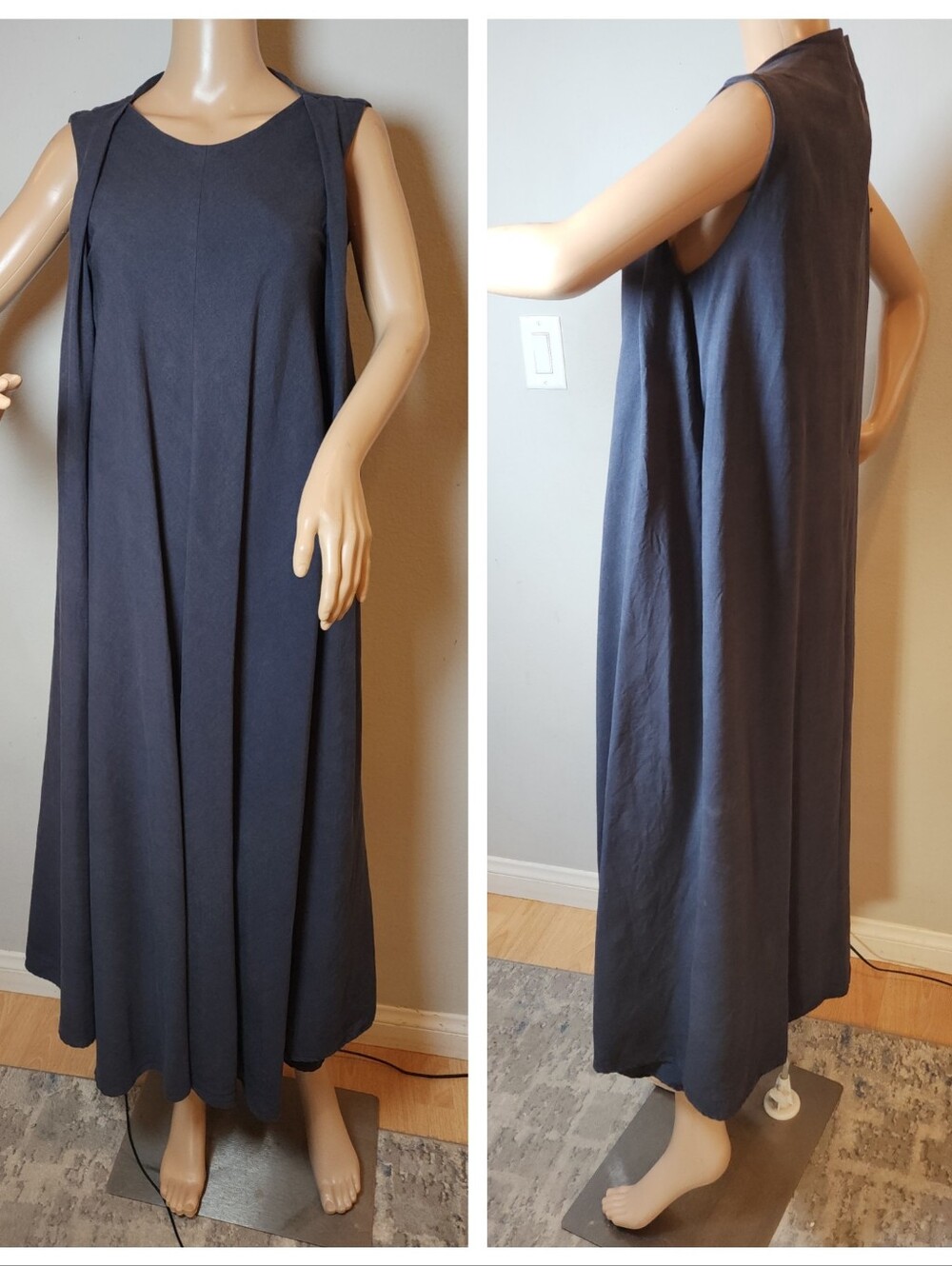 Kaarem Pleat Shoulder Sleeveless Tent Dress Midi Maxi Charcoal Black Size Small